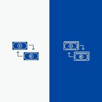 câmbio negócios dólar euro finanças financeiro linha de dinheiro e ícone sólido glifo banner azul linha e ícone sólido glifo banner azul vetor