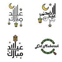 conjunto de 4 vetores eid mubarak feliz eid para você em estilo de caligrafia árabe script encaracolado com lua de lâmpada de estrelas