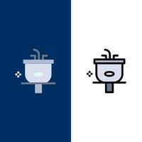 lavatório banheiro limpeza ícones de lavagem de chuveiro plano e linha cheia conjunto de ícones vetor fundo azul