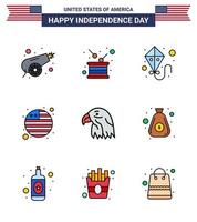 feliz dia da independência 9 linhas planas preenchidas pacote de ícones para web e imprimir águia animal independência internacional bandeira país editável dia dos eua vetor elementos de design