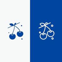 linha de primavera de comida de cereja de baga e ícone sólido de glifo linha de banner azul e banner azul de ícone sólido de glifo vetor