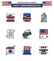 feliz dia da independência 4 de julho conjunto de 9 linhas planas preenchidas pictograma americano de argamassa canhão cola grande arma declaração de independência editável dia dos eua vetor elementos de design