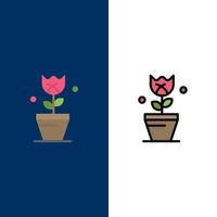 decoração ícones de tulipa de planta de páscoa plano e conjunto de ícones cheios de linha vector fundo azul