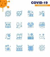 16 pacote de ícones de coronavírus azul covid19, como injeção de vacinas, medicamentos para cuidados de saúde, viagens, elementos de design de vetor de doença de coronavírus viral 2019nov