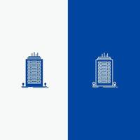 linha de torre de arranha-céu de escritório e ícone sólido de glifo banner azul linha e ícone sólido de glifo banner azul vetor