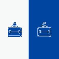 linha de bolsa de maleta de dinheiro e ícone sólido de glifo banner azul linha e ícone sólido de glifo banner azul vetor