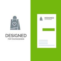 design de logotipo cinza de saco de presente de amor de compras e modelo de cartão de visita vetor