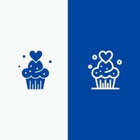 bolo cupcake muffins linha de doces assados e ícone sólido de glifo banner azul linha e ícone sólido de glifo banner azul vetor