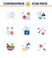 conjunto de ícones covid19 para infográfico 9 pacote de cores planas, como vacina, restaurante, pesquisa de drogas, coronavírus viral, elementos de design de vetor de doença de 2019nov