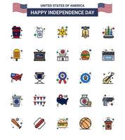 feliz dia da independência 25 linhas planas preenchidas pacote de ícones para web e impressão distintivo de fogo eua bola americana editável dia eua vetor elementos de design