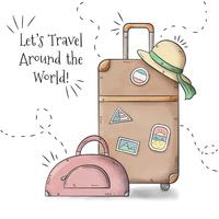 Travel Baggages With Woman Hat À Temporada De Verão vetor