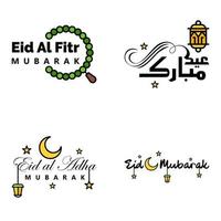 feliz de eid pacote de 4 cartões eid mubarak com estrelas brilhantes em caligrafia árabe festival da comunidade muçulmana vetor