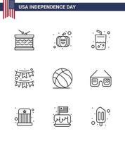 conjunto de 9 ícones do dia dos eua símbolos americanos sinais do dia da independência para decoração de vidro de festa de futebol americano editável elementos de design do vetor do dia dos eua