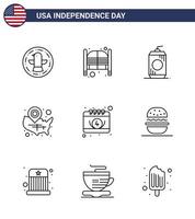 9 ícones criativos dos eua, sinais modernos de independência e símbolos de 4 de julho de localização, pinos de entrada dos eua, elementos editáveis de design do vetor do dia dos eua