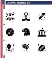 9 pacote de glifos sólidos dos eua de sinais e símbolos do dia da independência da bola dos eua fogos de artifício de backetball americanos editáveis elementos de design vetorial do dia dos eua vetor