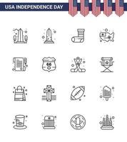 conjunto de 16 ícones do dia dos eua símbolos americanos sinais do dia da independência para recibo de presente do dia do escudo eua editável elementos de design do vetor do dia dos eua