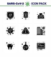 ícone de conscientização de coronavírus 9 ícone de ícones pretos de glifo sólido incluído aviso caixa de vírus corona bactérias corona vírus viral doença 2019nov vetor elementos de design