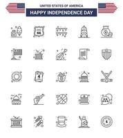 4 de julho eua feliz dia da independência ícone símbolos grupo de 25 linhas modernas de construção de dólar do festival de bolsa americana editável dia dos eua vetor elementos de design