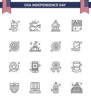 feliz dia da independência 4 de julho conjunto de 16 linhas pictograma americano de segurança eua sobremesa dia da bandeira editável dia dos eua vetor elementos de design