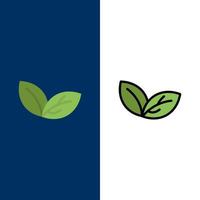 ícones de primavera de planta de folha de crescimento plano e conjunto de ícones cheios de linha vector fundo azul