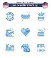 9 sinais azuis para o dia da independência dos eua, comida americana, amor st editável, elementos de design vetorial do dia dos eua vetor