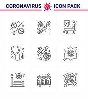 conjunto de ícones de prevenção de coronavírus ícone de 9 linhas, como vírus de estetoscópio de medicina tratamento médico viral coronavírus 2019nov elementos de design de vetor de doença