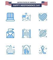 conjunto moderno de 9 azuis e símbolos no dia da independência dos eua, como convite de bar, e-mail de saudação americano editável, elementos de design vetorial do dia dos eua vetor