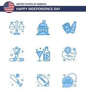 feliz dia da independência dos eua conjunto de pictogramas de 9 blues simples de bebida americana irlandesa esportes hóquei editável dia dos eua vetor elementos de design