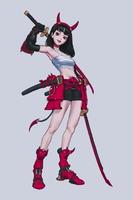 menina guerreira de anime com chifres vermelhos, cauda e espada na mão vetor