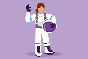 desenho plano de personagem beleza astronauta feminina fica com um gesto bem usando traje espacial explorando a terra, a lua e outros planetas no universo. iniciar a expedição espacial. ilustração vetorial de design de desenho animado vetor