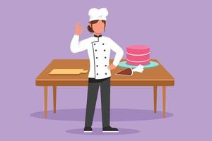 chef de desenho de estilo plano dos desenhos animados em pé com gesto ok e uniforme de cozinha prepara ingredientes para cozinhar os melhores pratos. linda chef feminina com mesa e bolo. ilustração vetorial de design gráfico vetor