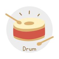 estilo de desenho animado de clipart de tambor vermelho. tambor de madeira bonito simples e ilustração em vetor plana de percussão de baquetas de instrumento musical de percussão. Doodle desenhado à mão de instrumento de percussão. design vetorial de bateria clássica