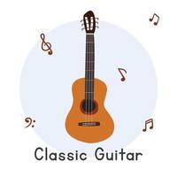 estilo clássico de desenho animado de clipart de guitarra. ilustração em vetor plana de instrumento musical de corda de violão clássico marrom bonito simples. estilo doodle desenhado à mão de instrumento de cordas. design de vetor de guitarra clássica