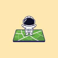 personagem bonito do astronauta marcando sua localização no mapa vetor