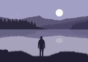 silhueta de um homem parado à beira do lago à noite. ilustração vetorial vetor