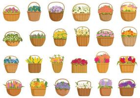 os ícones da cesta da flor ajustam o vetor dos desenhos animados. natureza de verão