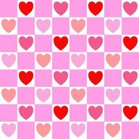 padrão de coração vermelho, laranja e rosa em fundo xadrez rosa e branco. vetor