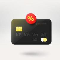 cartão bancário preto com um rótulo de desconto. ícone do vetor 3d isolado no fundo branco
