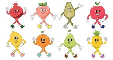 definir personagens de frutas de desenhos animados retrô groovy. ilustração moderna com personagens de quadrinhos fofos. rabiscos desenhados à mão de personagens de quadrinhos. definido no estilo cartoon moderno. Vibrações retrô dos anos 70. vetor