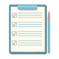listar tarefas com caneta. lista de verificação em papel com marca de seleção. ícone de tablet com questionário vetor