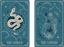 cartas de tarô o mundo e os amantes, cartas de tarô celestial tarô básico de bruxa vetor