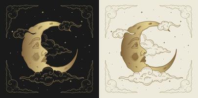 lindo e brilhante rosto de lua. ilustração de arte dourada vetor