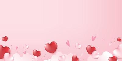 banner de cartão de dia dos namorados com confete de coração caindo sobre fundo de nuvem rosa vetor