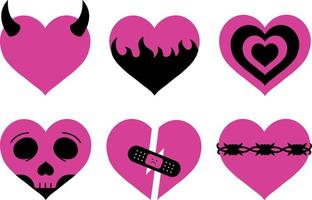 vetor de corações elegantes preto e rosa estilo y2k, coleção de amor emo