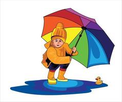 garotinho em uma capa de chuva e ilustração vetorial de botas de borracha vetor