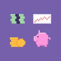 ícones e símbolos de pixel. pilha de dinheiro, moedas, cofrinho, gráfico de dados. ilustração de elementos de design sobre finanças e negócios. recursos do jogo vetor