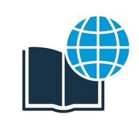 ícone de silhueta de educação internacional. aprendizagem global, educação a distância e cursos online. academia on-line aprender e biblioteca. abra o livro com o ícone do globo. ilustração vetorial. vetor