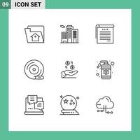 conjunto de 9 sinais de símbolos de ícones de interface do usuário modernos para notas de dispositivo de armazenamento em dólar, dispositivo periférico, elementos de design de vetores editáveis de disco compacto