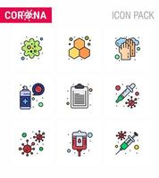 Conjunto de cores planas de 9 linhas preenchidas de ícones epidêmicos de vírus corona, como proteção de documentos, vírus de saúde, limpeza de coronavírus viral, elementos de design de vetor de doença de 2019nov