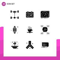 pacote de 9 sinais e símbolos de glifos sólidos modernos para mídia impressa na web, como luz de chá, painel, lanterna, elementos de design de vetores editáveis na internet